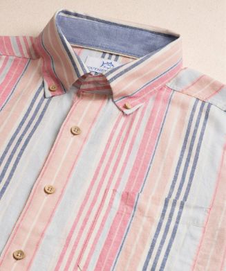 Southern Tide Sea Voyage Stripe Linen Rayon Short Sleeve Sport Shirt in Peaches N' Cream