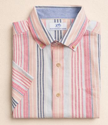 Southern Tide Sea Voyage Stripe Linen Rayon Short Sleeve Sport Shirt in Peaches N' Cream