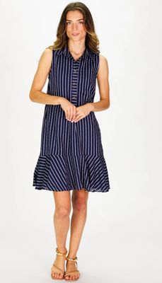 Duffield Lane Sleeveless Iris Dress in Navy Linen Stripe