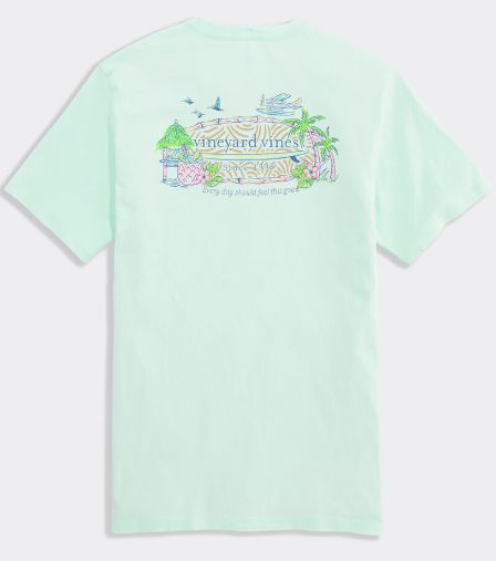 Vineyard Vines Beach Bar Surfboard Logo Short-Sleeve Pocket Tee in Aqua Glass