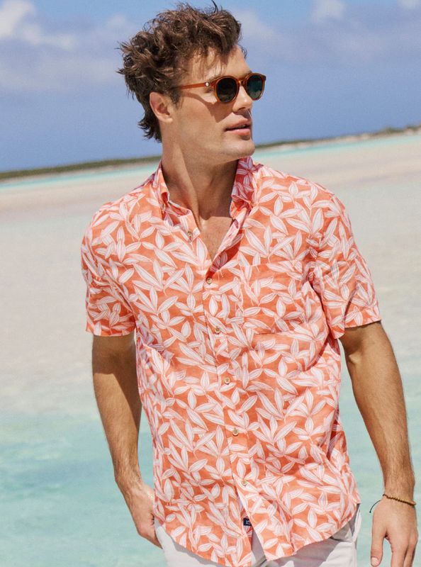 Southern Tide Kokomo Row Linen Rayon Short Sleeve Sportshirt in Orange Blossom