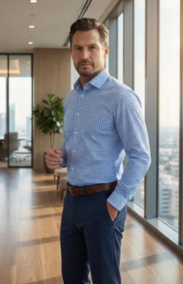 Collars &amp; Co. Apex Performance Dress Shirt Semi-Spread Collar in Vincento Blue Tattersall