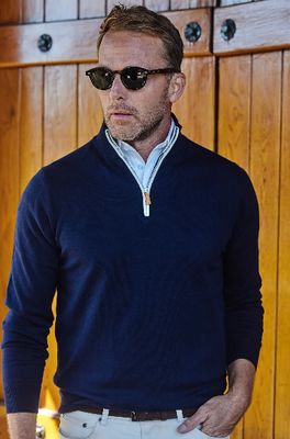 Collars &amp; Co. Luxury Touch Cotton and Cashmere Quarter Zip Sweater in Navy with White Trim