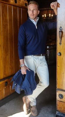 Collars &amp; Co. Luxury Touch Cotton and Cashmere Quarter Zip Sweater in Navy with White Trim