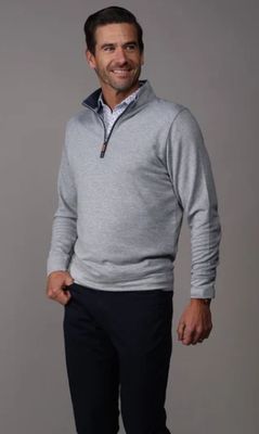 Collars &amp; Co. Heather Cloud Cotton Quarter Zip in Light Grey with Navy Trim