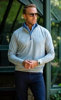 Collars &amp; Co. Heather Cloud Cotton Quarter Zip in Light Grey with Navy Trim