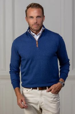 Collars &amp; Co. Luxury Touch Cotton and Cashmere Quarter Zip Sweater in Indigo with Brown Suede Trim