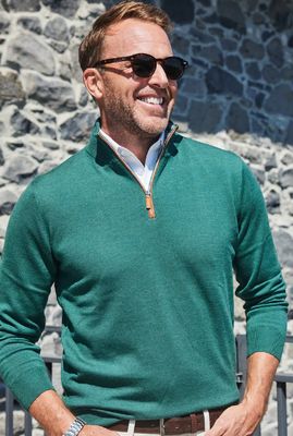 Collars &amp; Co. Cashmere Touch Australian Merino Quarter Zip Sweater in Hunter Green with Brown Suede Trim