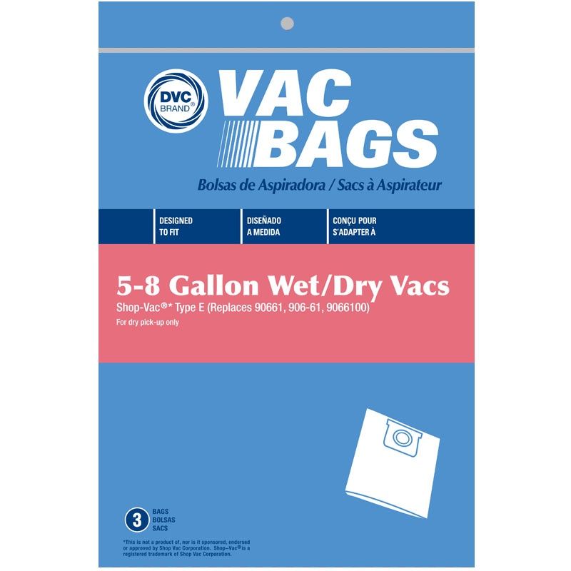 Bags, paper, Type E, 3 Pack, For  5/6/7 Gallon Shop Vac 90661 Generic