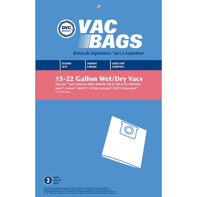 Bags, Paper, Type G, 3 Pack, For Shop Vac 15-22 Gallon