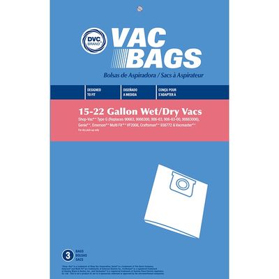 Bags, Paper, Type G, 3 Pack, For Shop Vac 15-22 Gallon