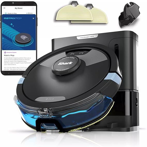 Shark RV2610WA AI Ultra 2in1 Robot Vacuum &amp; Mop with Sonic Mopping, Matrix Clean, Home Mapping, HEPA Bagless Self Empty Base, CleanEdge Technology, for Pet Hair, WiFi, Black/Silver (Renewed)