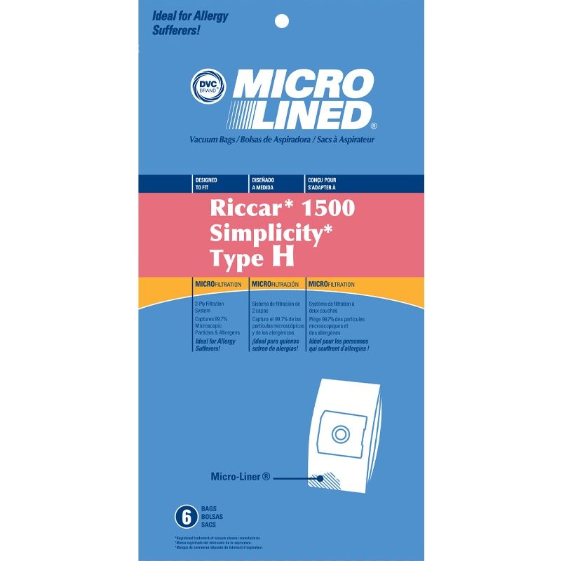 Bags, Paper, Type H, 6 Pack, For Riccar/Simplicity, Cirrus VC439 Generic