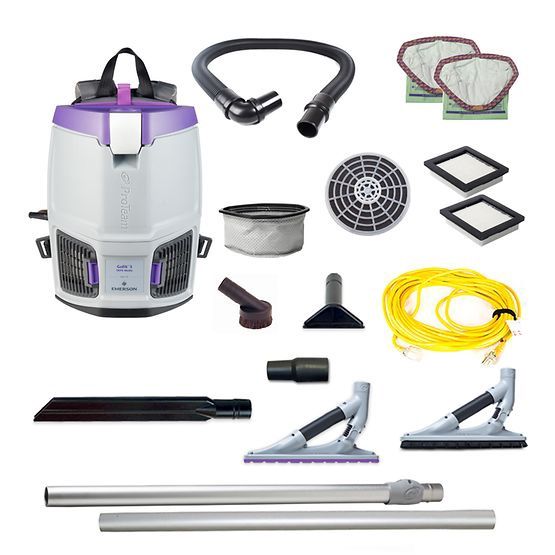ProTeam GoFit 3, 3 Qt. Corded Gray Commercial Backpack Vacuum Cleaner with ProBlade Hard Surface Kit, Carpet Tool Kit, 3 Filters 107716