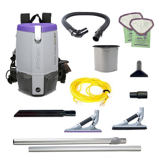 ProTeam Super Coach Pro 6, 6 Qt. Corded Gray Backpack Vacuum Cleaner With ProBlade Hard Surface &amp; Carpet Kit, 3 Replaceable Filters 107535
