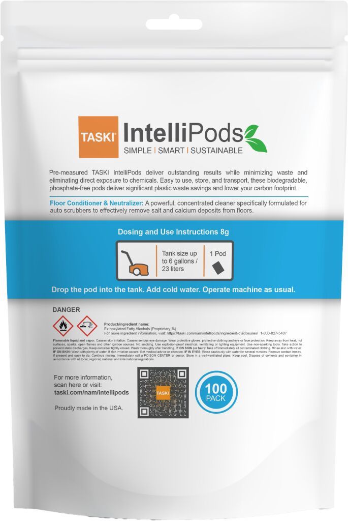 TASKI IntelliPods Floor Conditioner &amp; Neutralizer, 100ea, 1/CT - 100% Dissolvable Concentrated Liquid Chemical Sachets 22.5grams (6-0017) 9321849