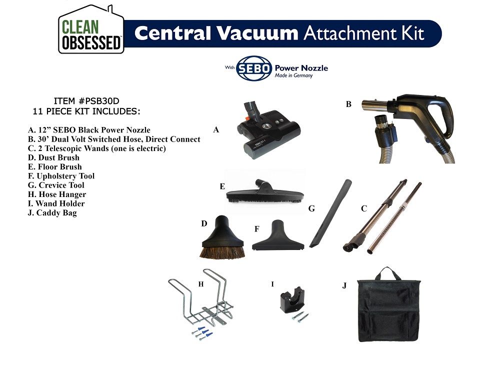 Clean Obsessed Complete, 30&#39; Hose, 12&quot; Black Sebo Power Head, Central Vacuum System 11 Piece Attachment Direct Connect Kit PSB30D