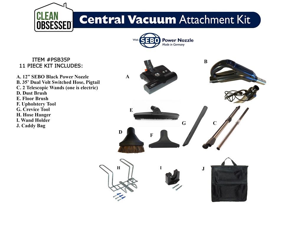Clean Obsessed Complete , 35&#39; Hose, 12&quot; Black Sebo Power Head, Central Vacuum System 11 Piece Attachment Pigtail Connect Kit PSB35P