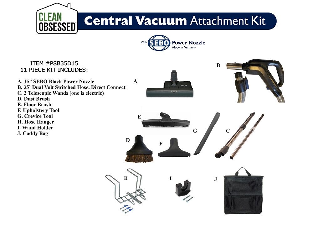 Clean Obsessed Complete, 35&#39; Hose, 15&quot; Black Sebo Power Head,  Central Vacuum System 11 Piece Attachment Direct Connection Kit PSB35D15