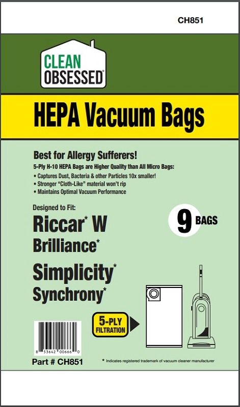 Bags, Cloth, Type W, 6 Pack, For Riccar Brilliance Clean Obsessed