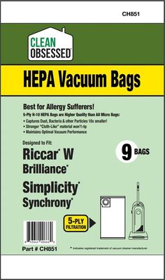 Bags, Cloth, Type W, 6 Pack, For Riccar Brilliance Clean Obsessed, CH851, Generic