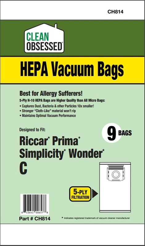 Bags, Cloth, Light Green Collar, 9 Pack, For Riccar Prima Simplicity Wonder Canister Clean Obsessed