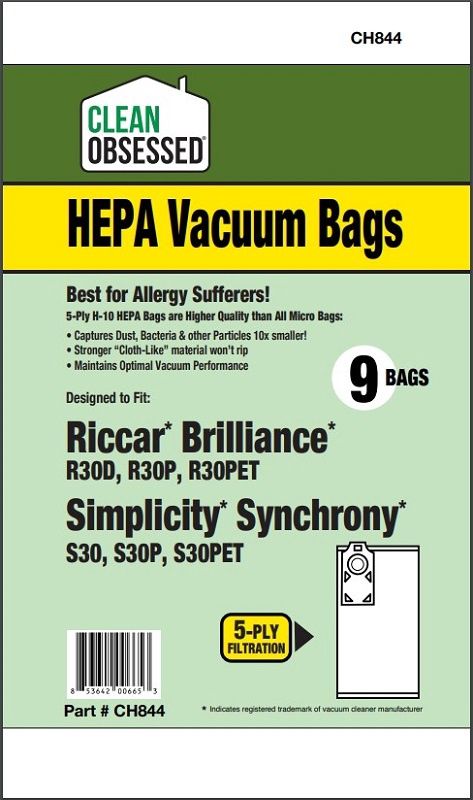 Bags, Cloth, Blue Collar, 6 Pack, For Riccar Brilliance Deluxe R30D, R30P, R30PET, Simplicity S30, S30D, S30P Clean Obsessed