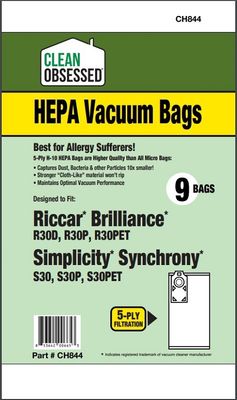 Bags, Cloth, Blue Collar, 6 Pack, For Riccar Brilliance Deluxe R30D, R30P, R30PET, Simplicity S30, S30D, S30P Clean Obsessed