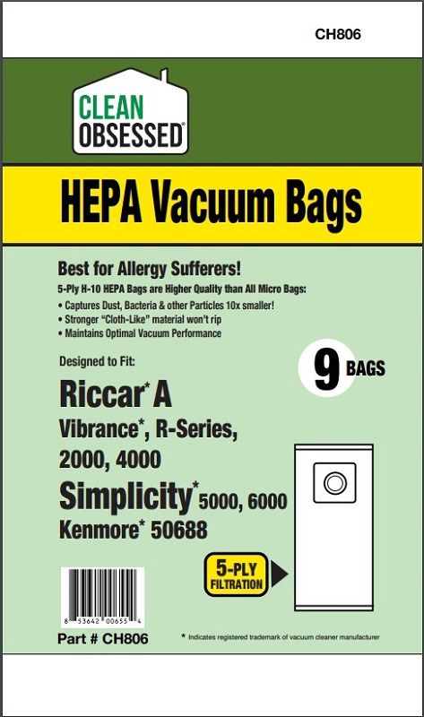 Bags, Cloth, Type A, 9 Pack, For Riccar, R200, Simplicity 5000, 6000, S20E, S20EZM, 5000, 6000 Clean Obsessed