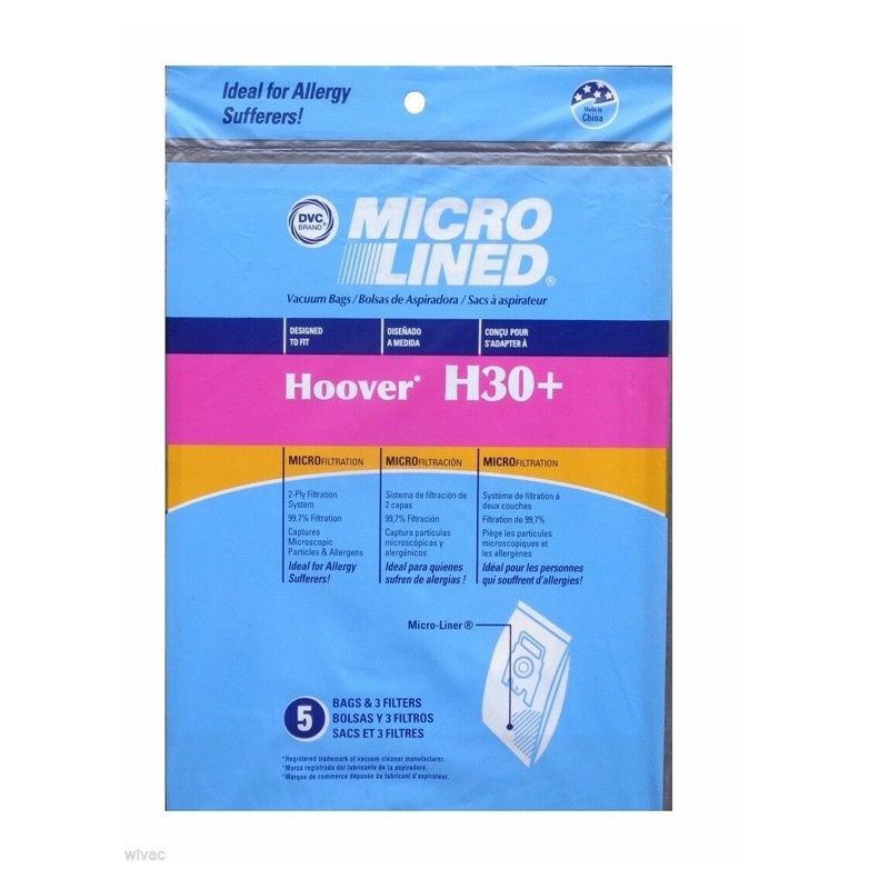 Bags, Paper, Type H30+, 5 pack With 3 Filters, For Hoover