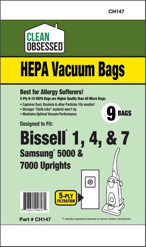 Bags, Cloth, 9 Pack, For Bissell 1, 4, 7, Samsung 5000, 7000, CH147. Generic