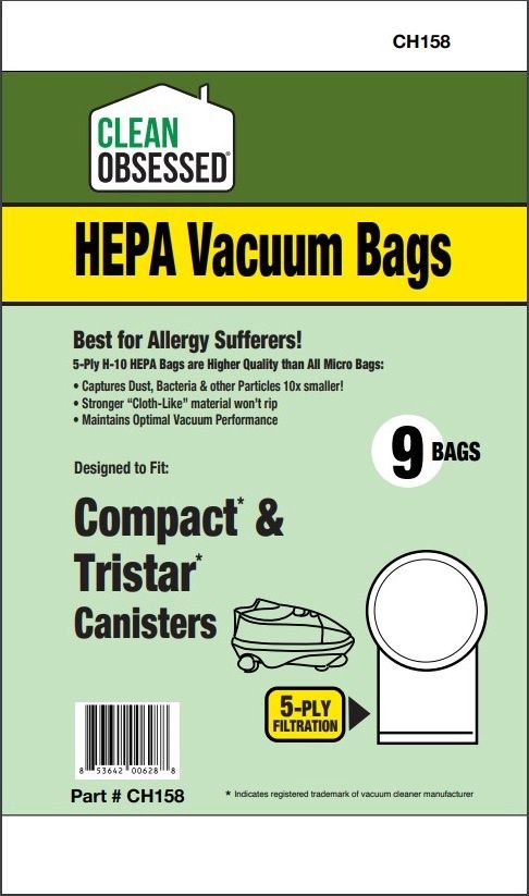 Bags, Cloth, Round Collar, 9 Pack, For Compact, Tristar Canister Vacuums, CH158, Generic