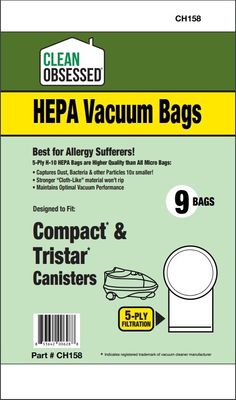 Bags, Cloth, Round Collar, 9 Pack, For Compact, Tristar Canister Vacuums, CH158, Generic