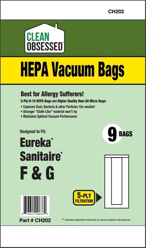 Bags, Cloth, Type F&amp;G, 9 Pack, For Eureka, Sanitaire, CH202, Generic