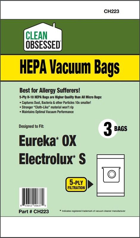 Bags, Cloth, Type OX, Type S, 3 Pack, For Eureka, Sanitaire, Electrolux, CH223, Generic