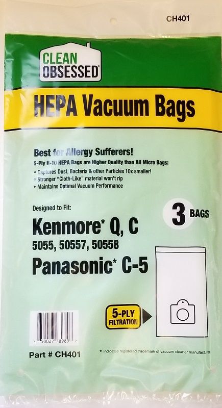 Bags, Cloth, Type C, Type Q, 3 Pack, For Kenmore Style 5055, 50557, 50558, Panasonic C-5, CH401, Generic