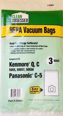 Bags, Cloth, Type C, Type Q, 3 Pack, For Kenmore Style 5055, 50557, 50558, Panasonic C-5, CH401, Generic