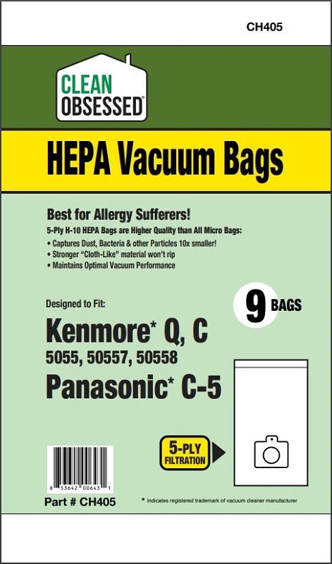 Bags, Cloth, Type C, Type Q, 9 Pack, For Kenmore Style 5055, 50557, 50558, Panasonic C-5, CH405, Generic