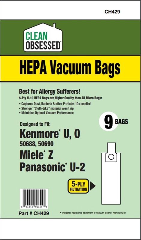 Bags, Cloth, Type U, Type O, Type Z, Type U-2, 9 Pack, For Miele Z, Panasonic U-2, CH429, Generic