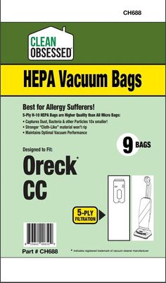 Bags, Cloth, Type CC, 9 Pack, For Oreck XL Synthetic, CH688, Generic