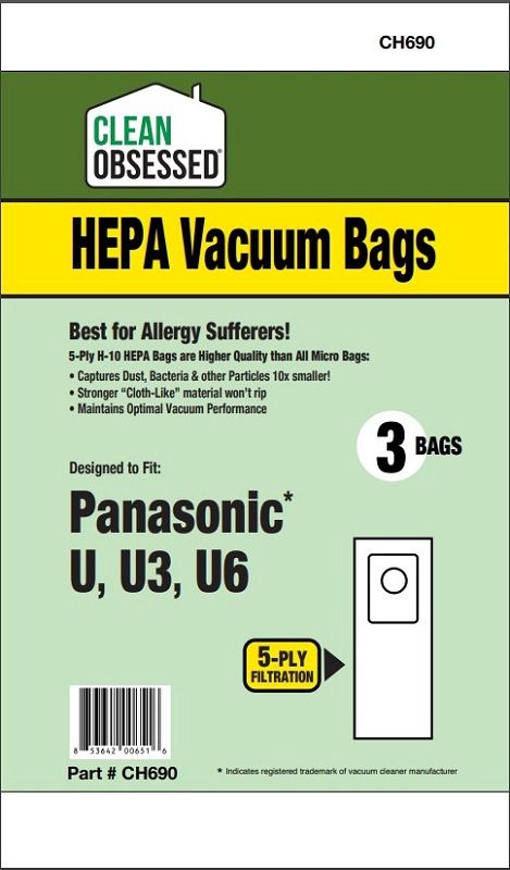 Bags, Paper, Type U, Type U3, Type U6, 3 Pack, For Panasonic, CH690, Generic