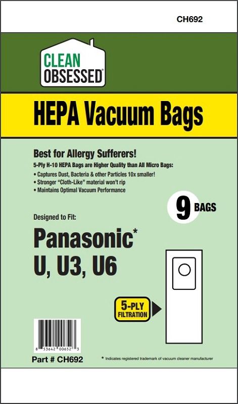 Bags, Paper, Type U, Type U3, Type U6, 9 Pack, For Panasonic, CH692, Generic