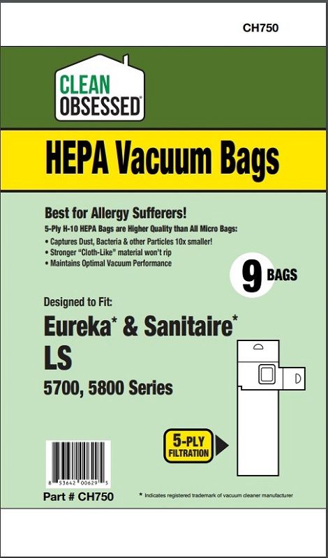 Bags, Paper, Type LS, 9 Pack, For Eureka 5700, 5800 Series, CH750, Generic