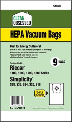 Bags, Cloth, Type H, 9 Pack, Cardboard Collar, For Riccar/Simplicity, Cirrus VC439, CH822, Generic