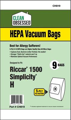 Bags, Cloth, Type H, 9 Pack, For Riccar/Simplicity, Cirrus VC439, CH819, Generic
