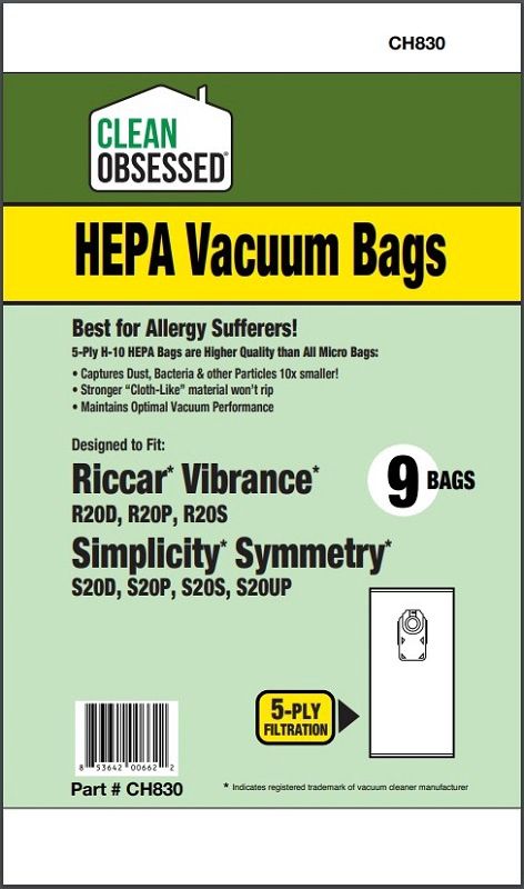 Bags, Cloth, Red Collar, 9 Pack, For Riccar Vibrance R20UP, R20P, R20D, R20S, CH830, Generic