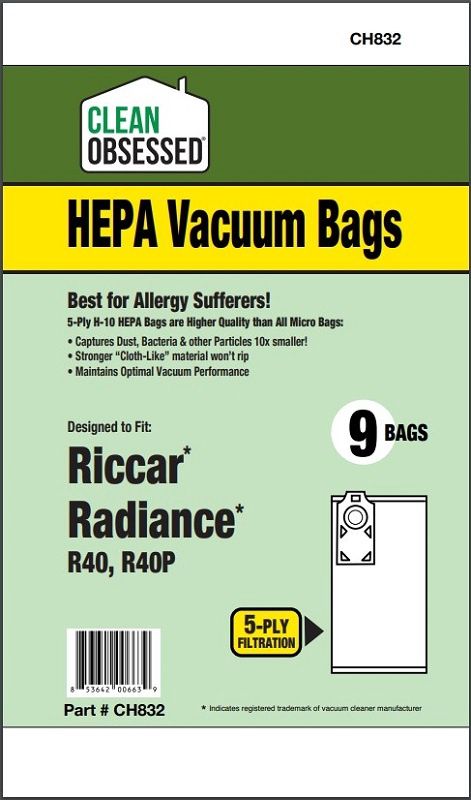 Bag, Cloth, Yellow Collar, 9 Pack, For Riccar Charcoal-Lined HEPA Media Bag for R40P, CH832, Generic