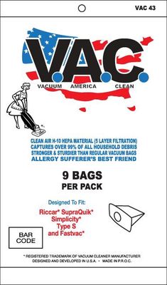 Bags, Cloth, Type S, 9 Pack, For Riccar SupraQuick RSQ1 &amp; Simplicity Sport S100, CH836, Generic