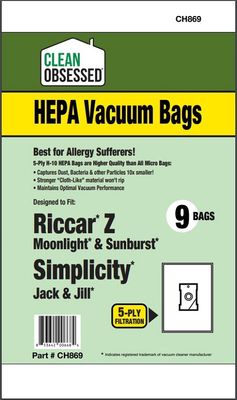 Bags, Cloth, Type Z, 9 Pack, For Riccar Moonlight, Pizzazz &amp; Sunburst Simplicity Jill, Jack, &amp; Snap, Bissell Zing, Canister Vacuum, CH869, Generic