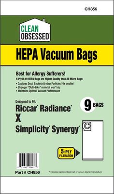 Bags, Cloth, Type X, 9 Pack For Riccar Radiance RAD, RADP, Simplicity Synergy,G9, X9, CH856, Generic Bags, Cloth, Type X, 9 Pack For Riccar Radiance RAD, RADP, Simplicity Synergy,G9, X9, CH856, Generic